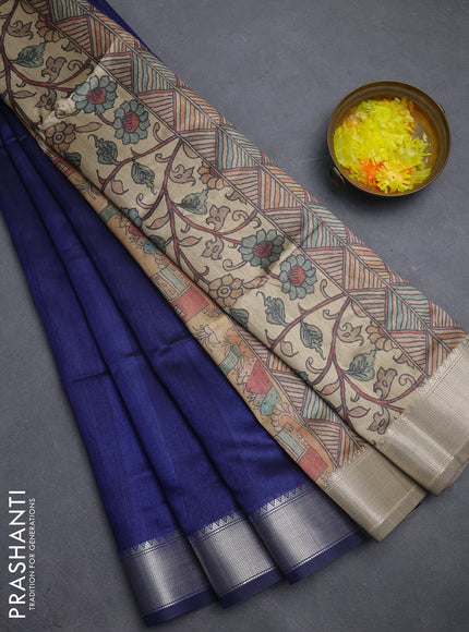 Semi dupion saree navy blue with plain body and madhubani printed pallu & blouse