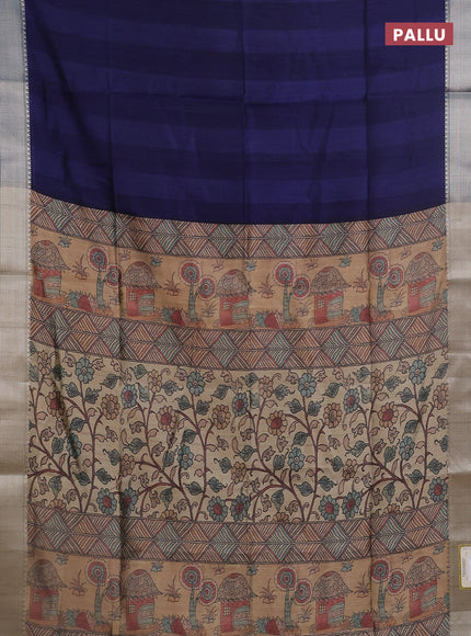 Semi dupion saree navy blue with plain body and madhubani printed pallu & blouse