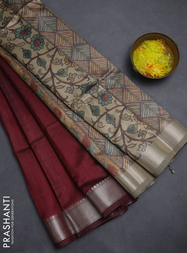 Semi dupion saree deep maroon with plain body and madhubani printed pallu & blouse