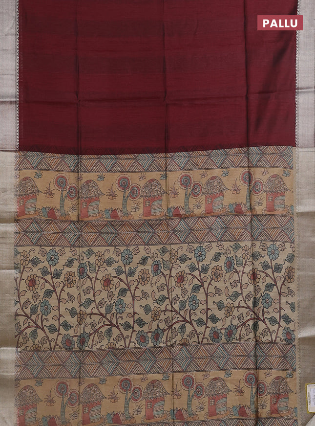 Semi dupion saree deep maroon with plain body and madhubani printed pallu & blouse