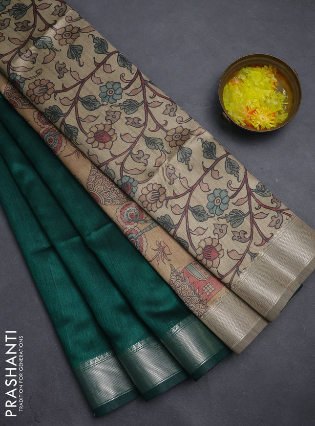 Semi dupion saree bottle green with plain body and madhubani printed pallu & blouse