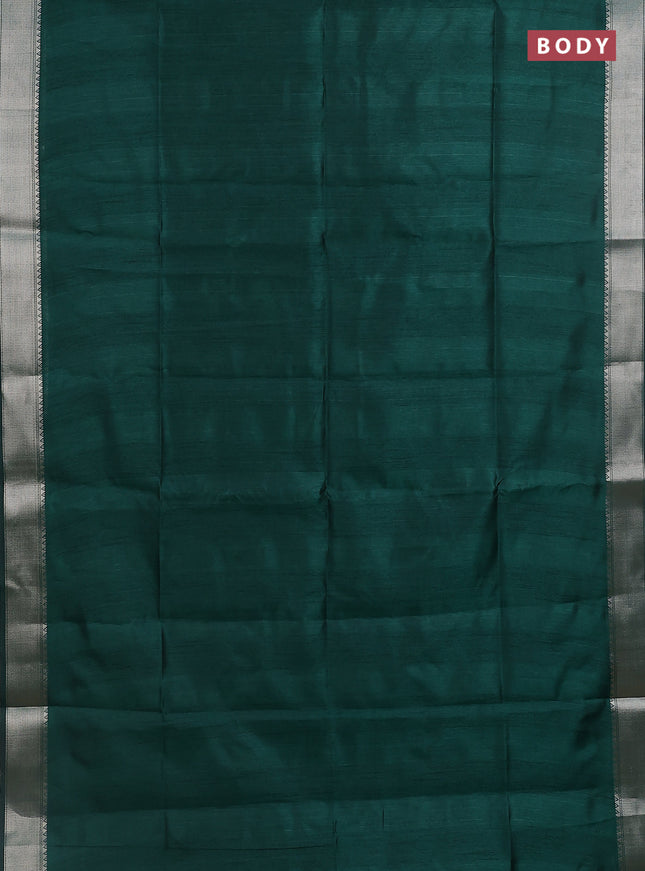 Semi dupion saree bottle green with plain body and madhubani printed pallu & blouse