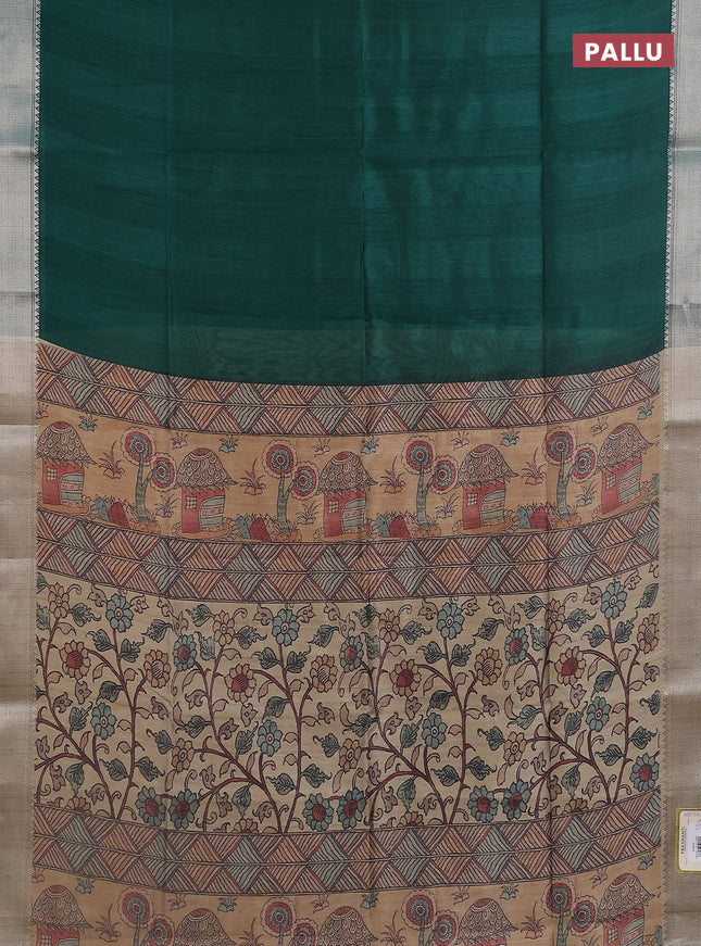 Semi dupion saree bottle green with plain body and madhubani printed pallu & blouse