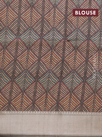 Semi dupion saree bottle green with plain body and madhubani printed pallu & blouse