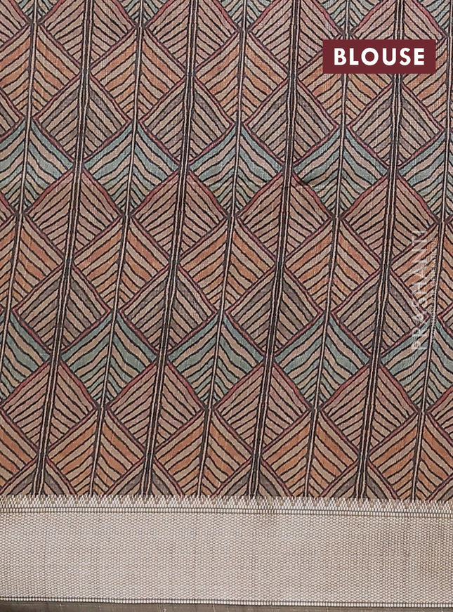 Semi dupion saree bottle green with plain body and madhubani printed pallu & blouse