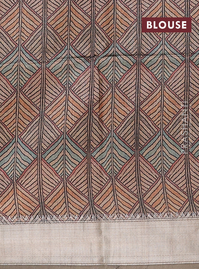 Semi dupion saree purple with plain body and madhubani printed pallu & blouse