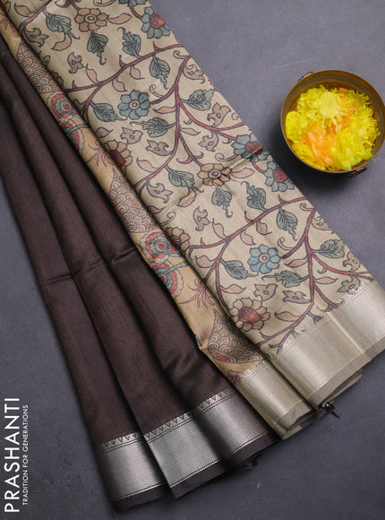 Semi dupion saree coffee brown with plain body and madhubani printed pallu & blouse