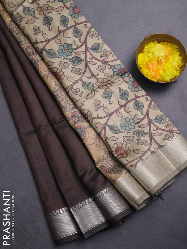 Semi dupion saree coffee brown with plain body and madhubani printed pallu & blouse