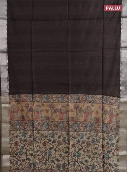Semi dupion saree coffee brown with plain body and madhubani printed pallu & blouse