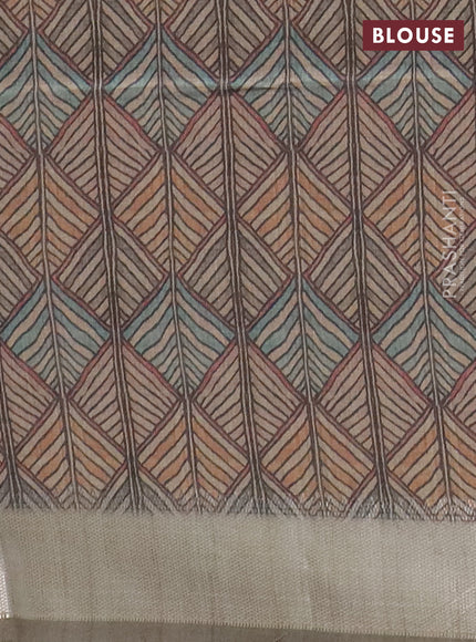 Semi dupion saree coffee brown with plain body and madhubani printed pallu & blouse