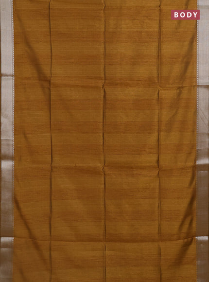 Semi dupion saree dark mustard and beige with plain body and madhubani printed pallu & blouse