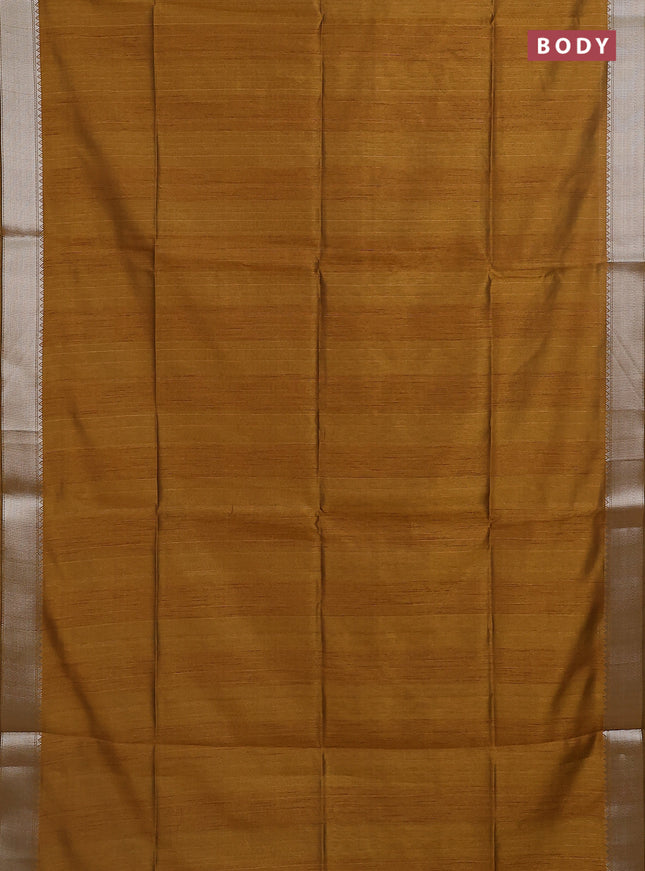 Semi dupion saree dark mustard and beige with plain body and madhubani printed pallu & blouse