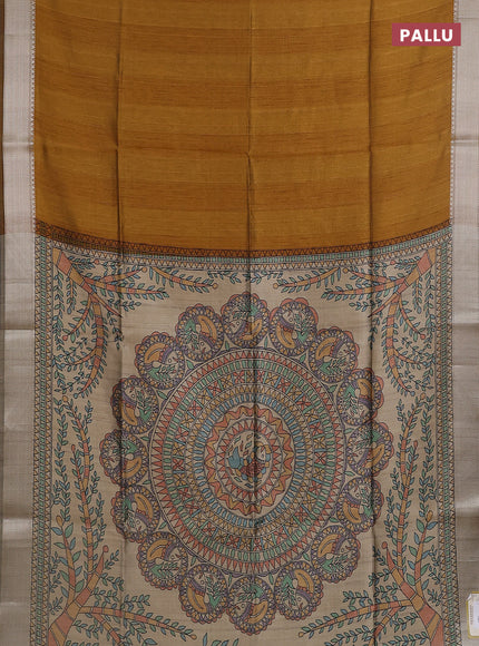 Semi dupion saree dark mustard and beige with plain body and madhubani printed pallu & blouse