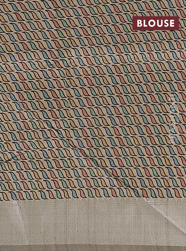 Semi dupion saree dark mustard and beige with plain body and madhubani printed pallu & blouse