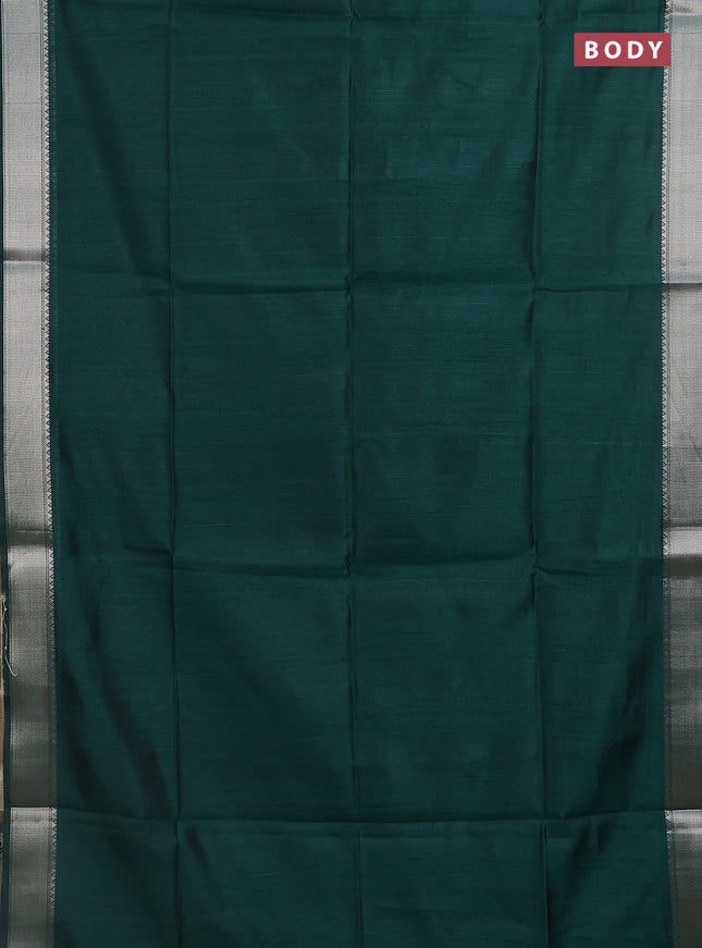 Semi dupion saree bottle green and beige with plain body and madhubani printed pallu & blouse