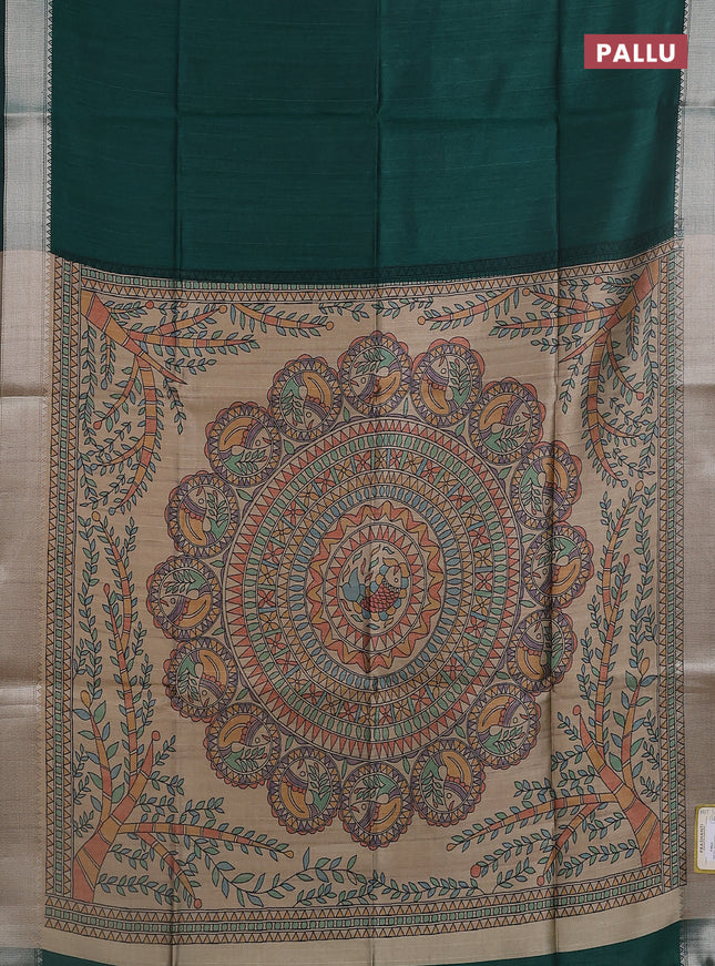 Semi dupion saree bottle green and beige with plain body and madhubani printed pallu & blouse