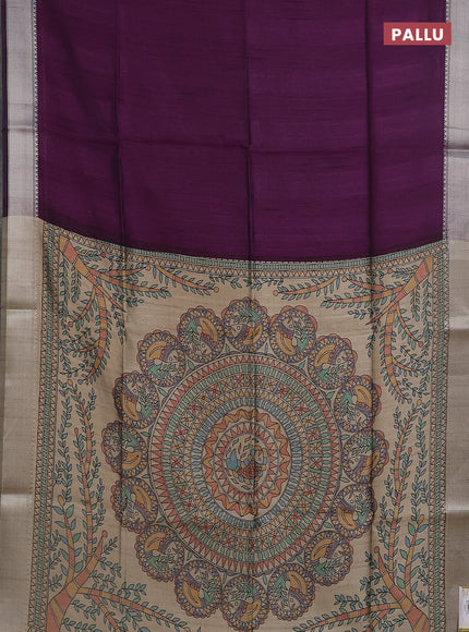 Semi dupion saree purple and beige with plain body and madhubani printed pallu & blouse