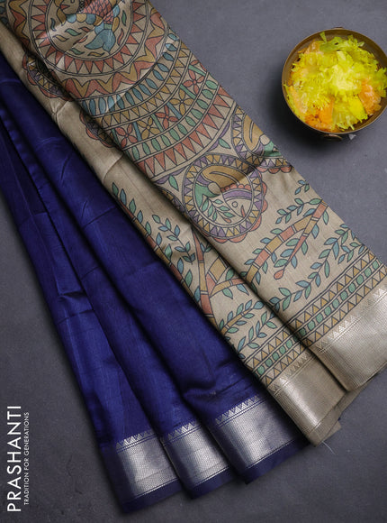 Semi dupion saree navy blue and beige with plain body and madhubani printed pallu & blouse