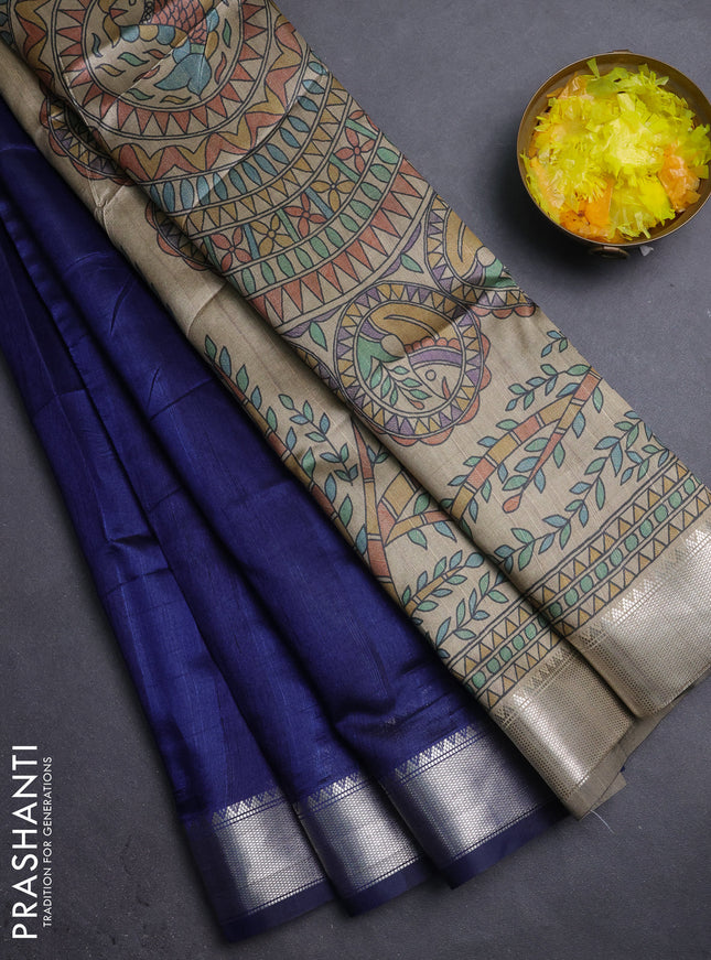 Semi dupion saree navy blue and beige with plain body and madhubani printed pallu & blouse