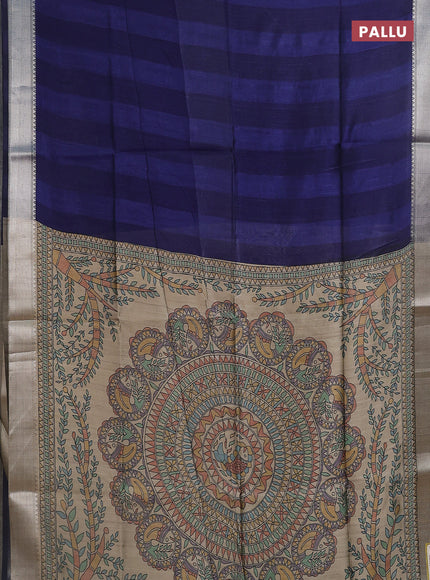 Semi dupion saree navy blue and beige with plain body and madhubani printed pallu & blouse