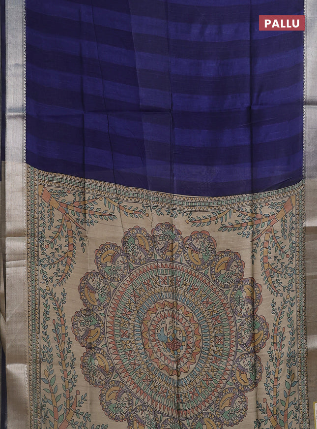 Semi dupion saree navy blue and beige with plain body and madhubani printed pallu & blouse