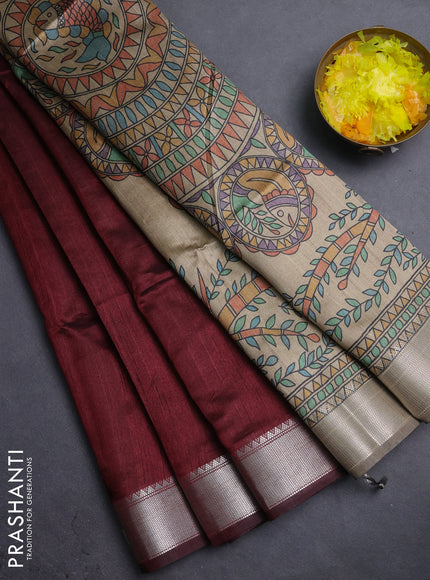 Semi dupion saree deep maroon and beige with plain body and madhubani printed pallu & blouse