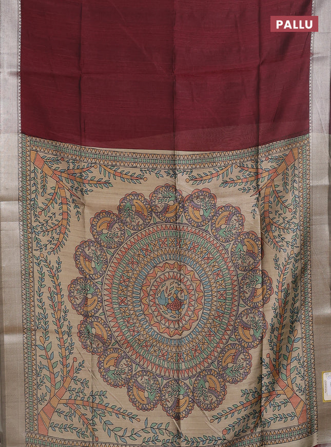 Semi dupion saree deep maroon and beige with plain body and madhubani printed pallu & blouse