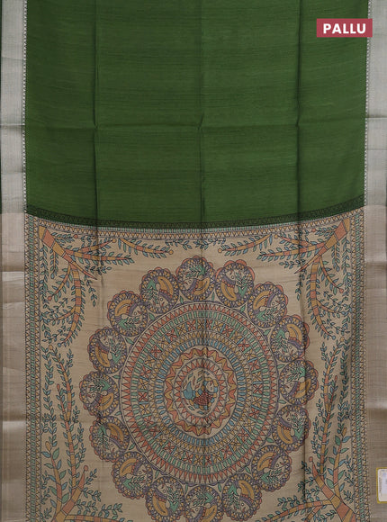 Semi dupion saree light green and beige with plain body and madhubani printed pallu & blouse