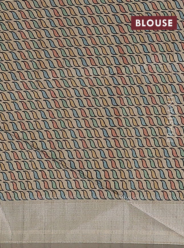 Semi dupion saree light green and beige with plain body and madhubani printed pallu & blouse