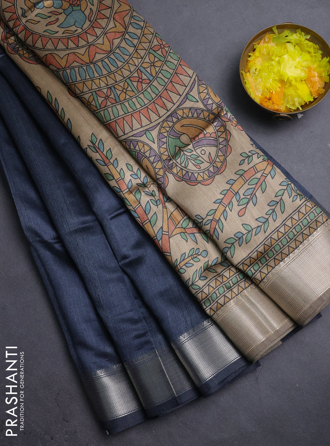 Semi dupion saree grey and beige with plain body and madhubani printed pallu & blouse