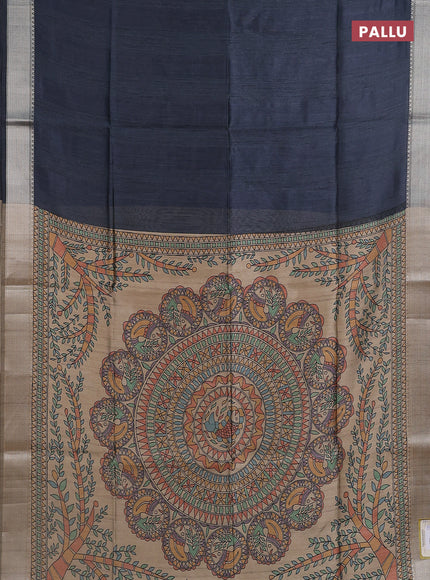 Semi dupion saree grey and beige with plain body and madhubani printed pallu & blouse