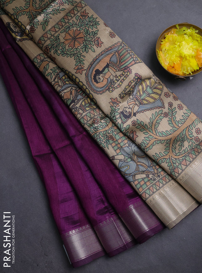 Semi dupion saree purple with plain body and madhubani printed pallu & blouse