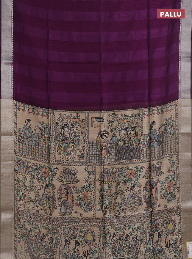 Semi dupion saree purple with plain body and madhubani printed pallu & blouse