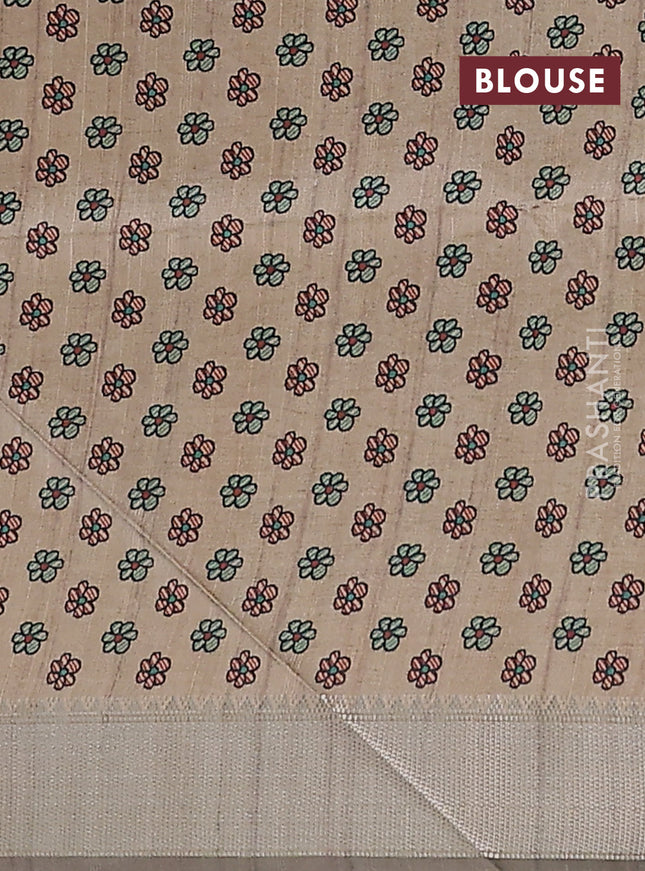 Semi dupion saree purple with plain body and madhubani printed pallu & blouse