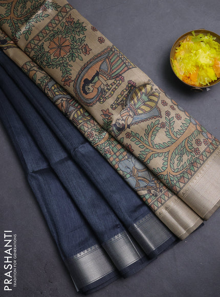 Semi dupion saree grey with plain body and madhubani printed pallu & blouse