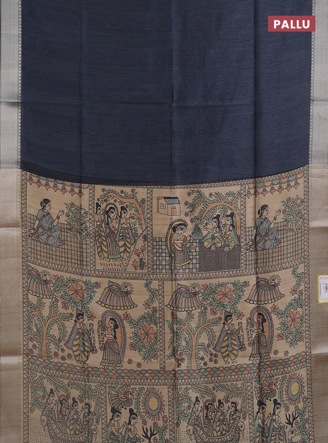 Semi dupion saree grey with plain body and madhubani printed pallu & blouse