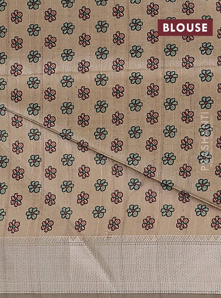 Semi dupion saree grey with plain body and madhubani printed pallu & blouse