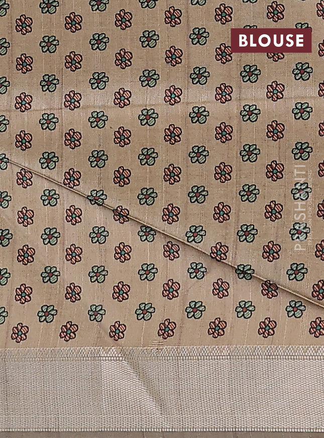 Semi dupion saree grey with plain body and madhubani printed pallu & blouse