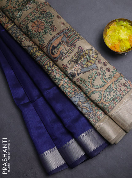 Semi dupion saree navy blue with plain body and madhubani printed pallu & blouse