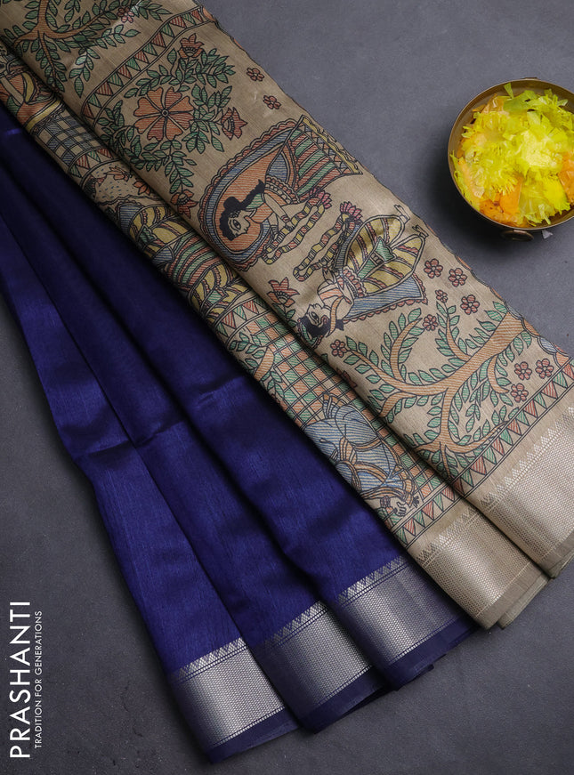Semi dupion saree navy blue with plain body and madhubani printed pallu & blouse