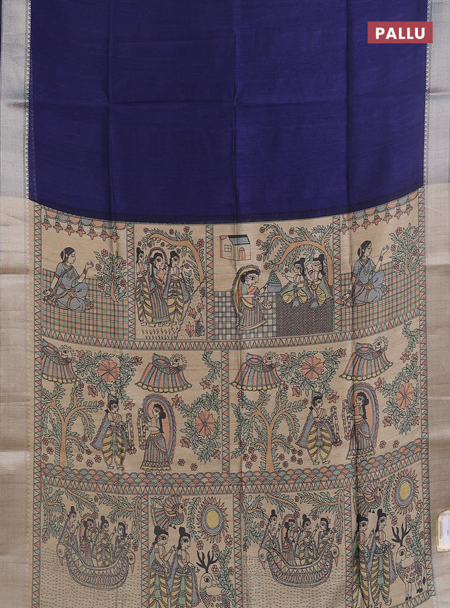 Semi dupion saree navy blue with plain body and madhubani printed pallu & blouse