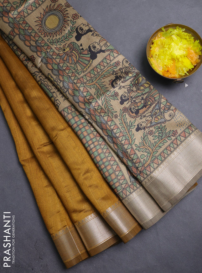 Semi dupion saree dark mustard with plain body and madhubani printed pallu & blouse
