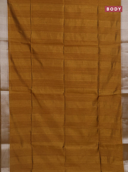 Semi dupion saree dark mustard with plain body and madhubani printed pallu & blouse
