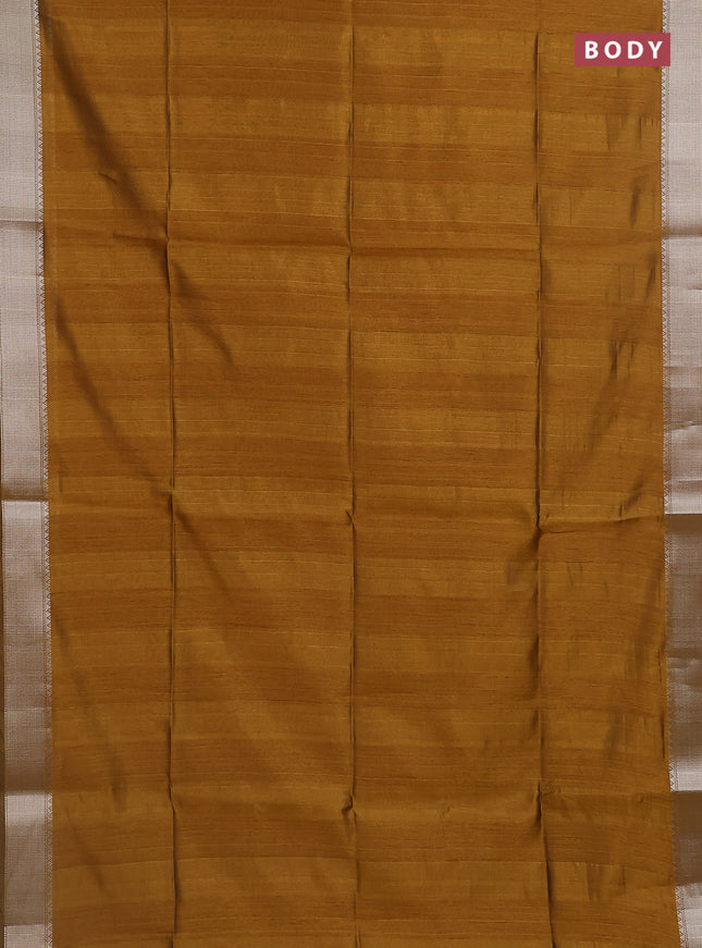 Semi dupion saree dark mustard with plain body and madhubani printed pallu & blouse