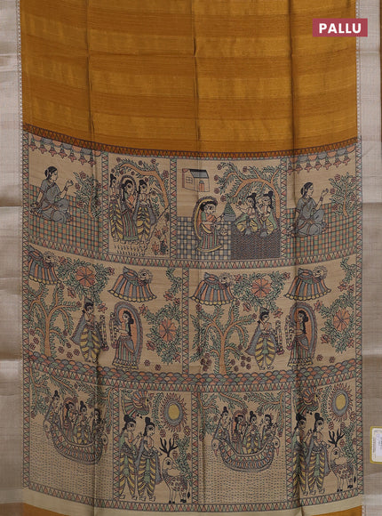 Semi dupion saree dark mustard with plain body and madhubani printed pallu & blouse
