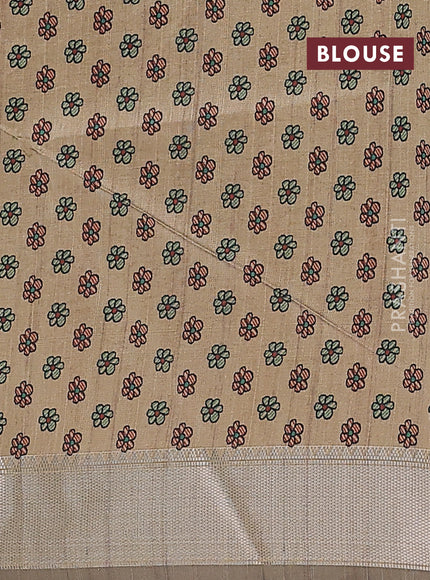 Semi dupion saree dark mustard with plain body and madhubani printed pallu & blouse