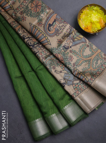Semi dupion saree light green with plain body and madhubani printed pallu & blouse