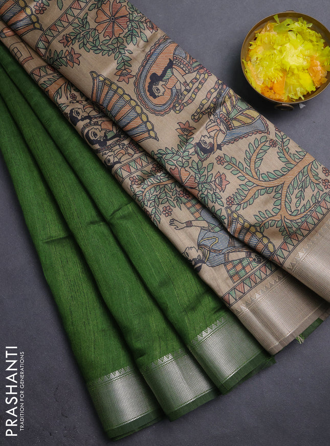 Semi dupion saree light green with plain body and madhubani printed pallu & blouse