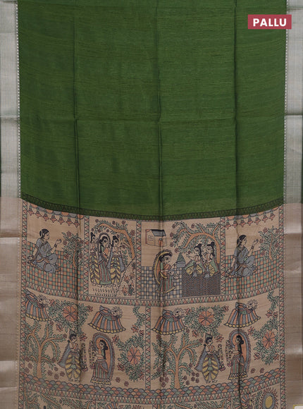 Semi dupion saree light green with plain body and madhubani printed pallu & blouse