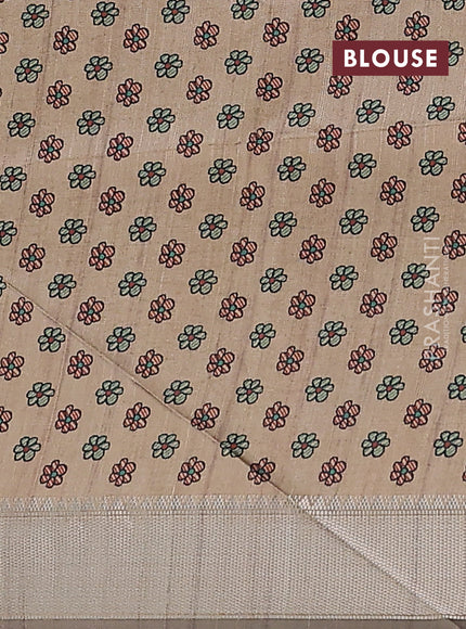 Semi dupion saree light green with plain body and madhubani printed pallu & blouse